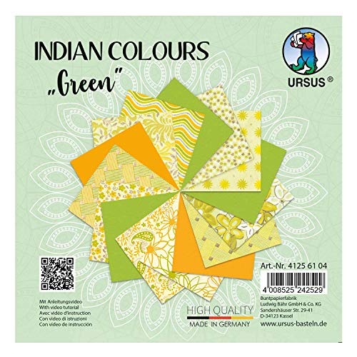 Ursus 41256104 - Indian Colours Green, mit 10 Naturpapier und 5 Blatt Tonzeichenpapier, einseitig Bedruckt, mit Metall-Effekt und Glitter veredelt von Ursus