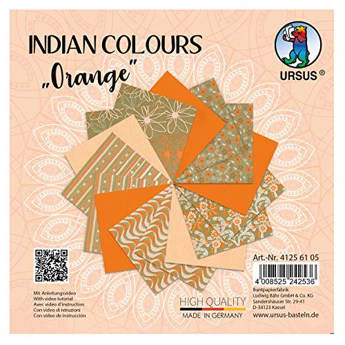 Ursus 41256105 - Indian Colours Orange, mit 10 Naturpapier und 5 Blatt Tonzeichenpapier, einseitig Bedruckt, mit Metall-Effekt und Glitter veredelt von Ursus