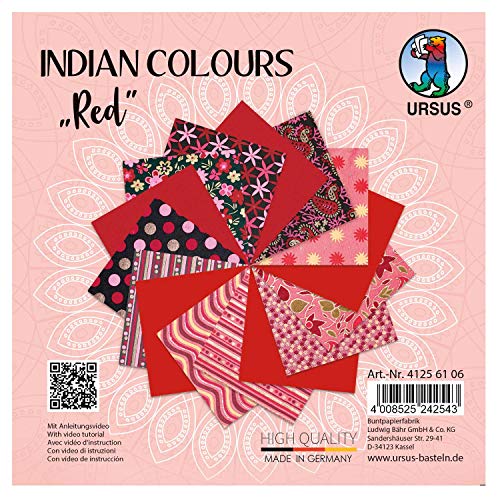Ursus 41256106 - Indian Colours Red, mit 10 Naturpapier und 5 Blatt Tonzeichenpapier, einseitig Bedruckt, mit Metall-Effekt und Glitter veredelt von Ursus