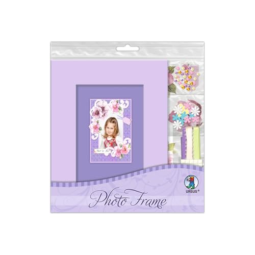 Ursus 42010002 - Photo Frame 10 x 15 cm, Bilderrahmen Motiv 2, Größe 16,4 x 21,4 cm, 2 Blatt Motivpapier, Stanzbogen, Accessoires und Dekobänder zum Verzieren, inkl. Bastelanleitung von Ursus