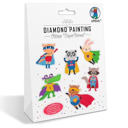 Ursus 43490001 - Diamond Painting Sticker "Super Heroes", Aufkleber mit verschiedenen Designs, Bastelset mit 2 Stickerbogen und passendem Werkzeug, ca. 6,3 - 7,3 cm von Ursus