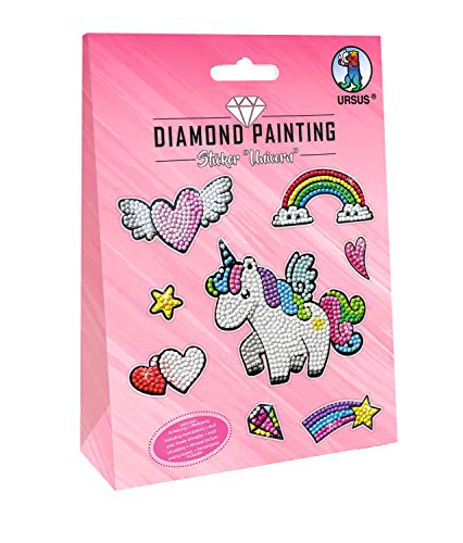 Ursus 43500001 - Diamond Painting Unicorn, Stickern mit funkelnden Diamanten, Set mit 2 Stickerbögen in verschiedenen Designs, Diamantensteine, Picker, Wachs und Schale, inklusive Anleitung von Ursus