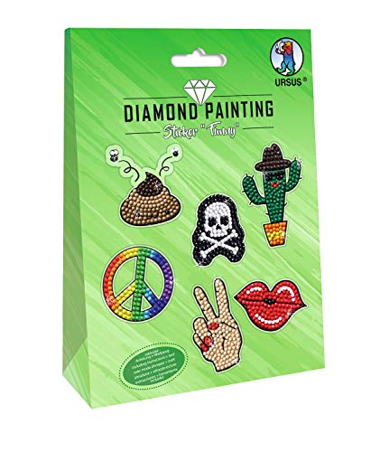 Ursus 43500003 - Diamond Painting Funny, Stickern mit funkelnden Diamanten, Set mit 2 Stickerbögen in verschiedenen Designs, Diamantensteine, Picker, Wachs und Schale, inklusive Anleitung von Ursus