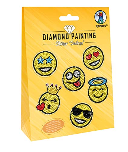 Ursus 43500006 - Diamond Painting Smileys, Stickern mit funkelnden Diamanten, Set mit 2 Stickerbögen in verschiedenen Designs, Diamantensteine, Picker, Wachs und Schale, inklusive Anleitung von Ursus