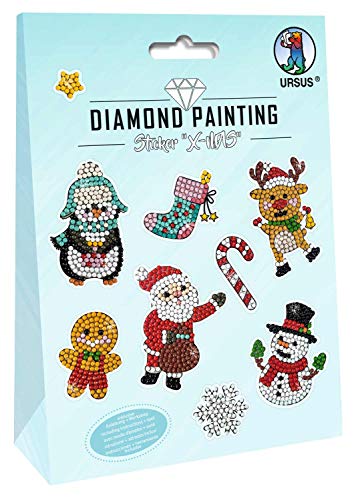 Ursus 43500008 - Diamond Painting X-Mas, zum Gestalten von Stickern mit funkelnden Diamanten, 2 Stickerbögen 15 x 10 cm, mit verschiedenen Designs, Diamantensteine, Picker, Wachs und Schale, bunt von Ursus