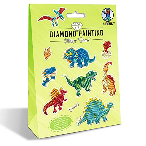 Ursus 43500009 - Diamond Painting Sticker Dinos, Set mit 2 Stickerbogen in verschiedenen Designs, Diamantensteinen, Picker, Wachs und Schale, inklusive Anleitung von Ursus