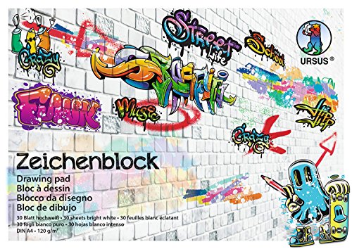 Ursus 4864600 - Zeichenblock Street Art, hochweiß, DIN A4, 30 Blatt, 120 g/qm, holz und chlorfrei, aus extra strakem Schulzeichenpapier, ideal für die Schule oder in der Freizeit von Ursus