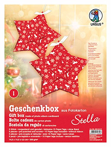 Ursus 5090001 - Geschenkbox Stella, Elch rot, 5 Stück, aus Fotokarton 300 g/qm, beidseitig bedruckt, vorgestanzt und genutet, inklusive 15 Paper Tags, ideal für kleine Überraschungen von Ursus