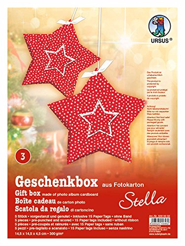 Ursus 5090003 - Geschenkbox Stella, Sterne rot, 5 Stück, aus Fotokarton 300 g/qm, beidseitig bedruckt, vorgestanzt und genutet, inklusive 15 Paper Tags, ideal für kleine Überraschungen von Ursus