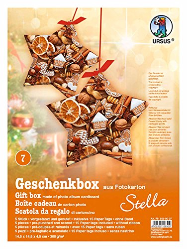 Ursus 5090007 - Geschenkbox Stella, Weihnachtliche Deko, 5 Stück, aus Fotokarton 300 g/qm, beidseitig bedruckt, vorgestanzt und genutet, inklusive 15 Paper Tags, ideal für kleine Überraschungen von Ursus