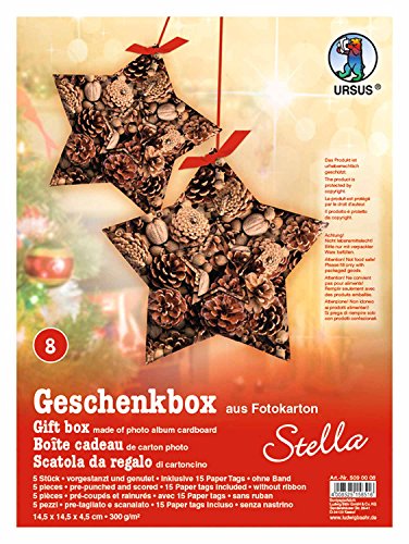 Ursus 5090008 - Geschenkbox Stella, Weihnachtliches Motiv, 5 Stück, aus Fotokarton 300 g/qm, beidseitig bedruckt, vorgestanzt und genutet, inklusive 15 Paper Tags, ideal für kleine Überraschungen von Ursus