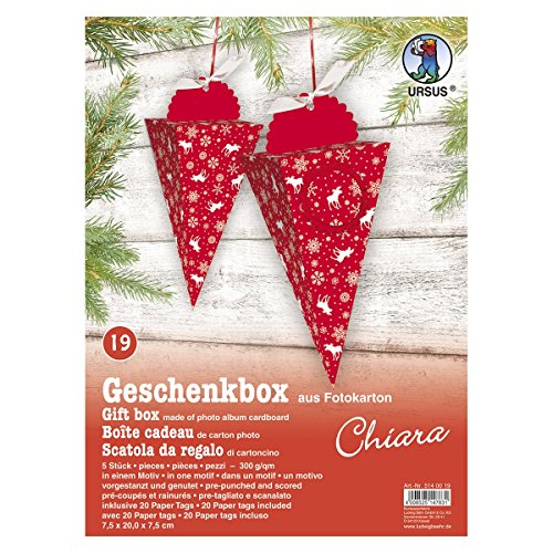 Ursus 5140019 - Geschenkbox Chiara, Elch rot, 5 Stück, aus Fotokarton 300 g/qm, beidseitig bedruckt, vorgestanzt und genutet, inklusive 20 Paper Tags, ideal für kleine Überraschungen von Ursus