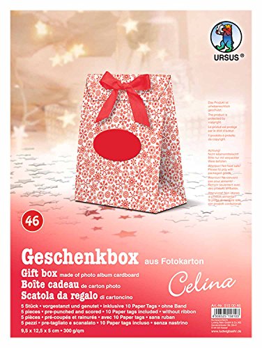 Ursus 5150046 - Geschenkbox Celina, Schneestern rot, 5 Stück, aus Fotokarton 300 g/qm, beidseitig bedruckt, vorgestanzt und genutet, inklusive 10 Paper Tags, ideal für kleine Überraschungen von Ursus