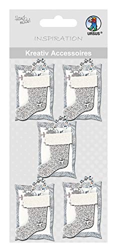 Ursus 564000164 - Kreativ Accessoires, Weihnschtsstrumpf, silber, 6 Stück, selbstklebend, aus verschiedenen hochwertigen Materialien, zum Verzieren und Dekorieren von Scrapbooking und Karten von Ursus
