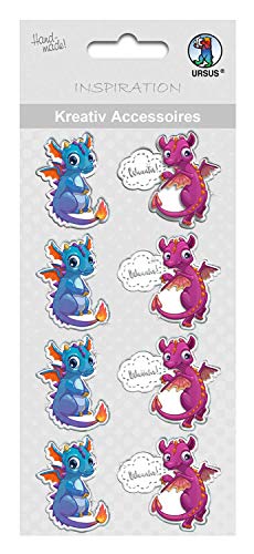 Ursus 564000357F - Kreativ Accessoires 2, selbstklebend, zum Verzieren von Karten, Fotoalben und Geschenken sowie für Scrapbooking Projekte, 8 Stück mit niedlichen Drachen Motiven von Ursus