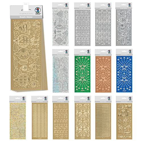 Ursus 59260009 - Kreativ Sticker Set Christmas, Set mit 15 verschiedenfarbigen Stickerbogen, selbstklebend, leicht abziehbar, geeignet zur Kartengestaltung von Ursus
