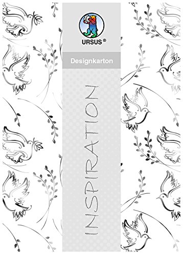Ursus 59934603 - Designkarton, Charity, Tauben, silber, DIN A4, 200 g/qm, 5 Blatt, mit Banderole, aus Starlight, Pearl Effekt mit Heißfolienprägung, ideal für kreatives Basteln von Ursus
