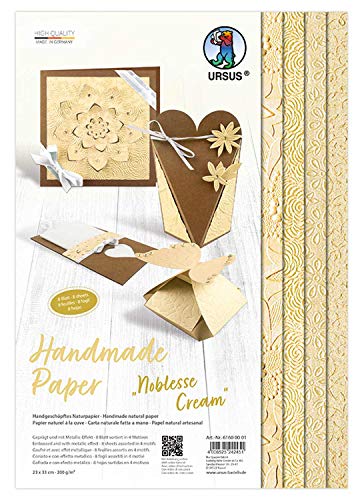 Ursus 61600001 - Handgeschöpftes Naturpapier Noblesse Cream, 8 Blatt in 4 verschiedenen Motiven, ca. 23 x 33 cm, 200 g/qm, geprägt, mit Metall-Effekt, ideal als Grundlage für vielfältige Bastelarbeiten Ursus 61600001 - Handgeschöpftes Naturpapier Noblesse Cream, 8 Blatt in 4 verschiedenen Motiven, ca. 23 x 33 cm, 200 g/qm, geprägt, mit Metall-Effekt, ideal als Grundlage für vielfältige Bastelarbeiten von Ursus