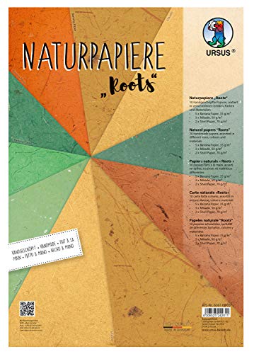 Ursus 61610005 - Naturpapiere Roots, 10 Blatt, in verschiedenen Größen, Farben und Qualitäten, mit Muschelpapier, Mikado, Bananenpapier, für kreative Bastelarbeiten, bunt von Ursus