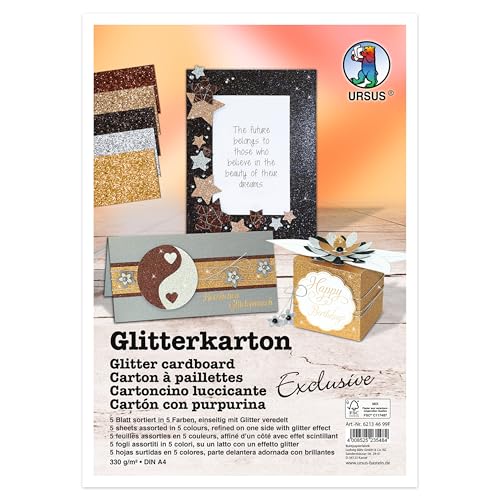 Ursus 6213 46 99F - Glitterkarton "Exclusive", 5 Blatt DIN A4, 330 g/m² Fotokarton, 5 Farben sortiert, einseitig glitzernd, Bastelkarton für Deko, DIY & Karten Ursus 6213 46 99F - Glitterkarton "Exclusive", 5 Blatt DIN A4, 330 g/m² Fotokarton, 5 Farben sortiert, einseitig glitzernd, Bastelkarton für Deko, DIY & Karten von Ursus
