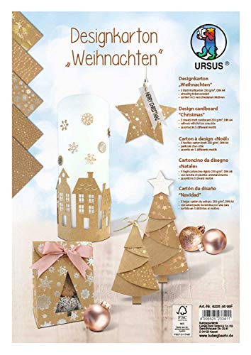 Ursus 62254699F - Designkarton Weihnachten, DIN A4, 5 Blatt in 5 verschiedenen Motiven, 250 g/qm, einseitig bedruckt und folienveredelt, ideal für weihnachtliche Kartengestaltung und kreatives Basteln von Ursus
