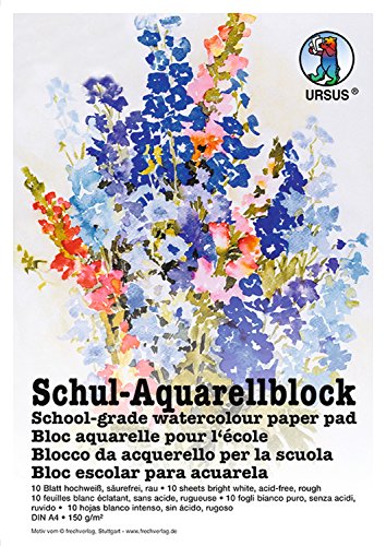 Ursus 7004600 - Schul Aquarellblock, hochweiß, DIN A4, 150 g/qm, 10 Blatt, säurefrei, an drei Seiten geleimt, ideal für die Schule oder in der Freizeit von Ursus