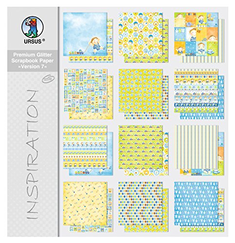 Ursus 71630099 - Premium Glitter Scrapbook paper Block, Version 7, ca. 30,5 x 30,5 cm, 190 g/qm, 12 Blatt in 6 Motiven, beidseitig mit verschiedenen Motiven bedruckt, Vorderseite mit Glitter veredelt von Ursus