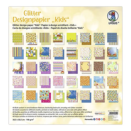 Ursus 71880099 - Glitter Design-Papier "Kids", Mix mit 40 Blatt beidseitig bedrucktem Motiv-Papier, 190 g/m², 30,5 x 30,5 cm, Vorder- und Rückseite jeweils unterschiedlich bedruckt Ursus 71880099 - Glitter Design-Papier "Kids", Mix mit 40 Blatt beidseitig bedrucktem Motiv-Papier, 190 g/m², 30,5 x 30,5 cm, Vorder- und Rückseite jeweils unterschiedlich bedruckt von Ursus