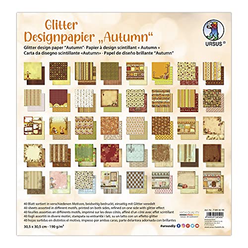 Ursus 71890099 - Glitter Design-Papier "Autumn", Mix mit 40 Blatt beidseitig bedrucktem Motiv-Papier, 190 g/m², 30,5 x 30,5 cm, Vorder- und Rückseite jeweils unterschiedlich bedruckt Ursus 71890099 - Glitter Design-Papier "Autumn", Mix mit 40 Blatt beidseitig bedrucktem Motiv-Papier, 190 g/m², 30,5 x 30,5 cm, Vorder- und Rückseite jeweils unterschiedlich bedruckt von Ursus
