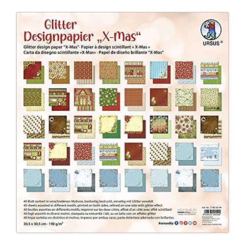 Ursus 71900099 - Glitter Design-Papier "X-Mas", Mix mit 40 Blatt beidseitig bedrucktem Motiv-Papier, 190 g/m², 30,5 x 30,5 cm, Vorder- und Rückseite jeweils unterschiedlich bedruckt von Ursus