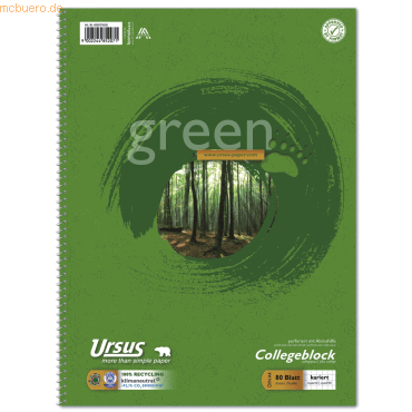 Ursus Kollegblock green A4 70g/qm kariert Lineatur 22 VE=80 Blatt von Ursus
