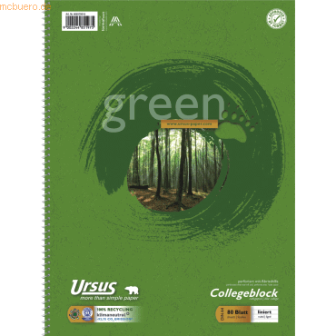 Ursus Kollegblock green A4 70g/qm liniert Lineatur 21 VE=80 Blatt von Ursus