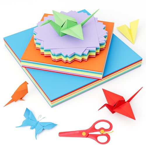 Origami-Papier Set in 10 Farben, 300 Blatt 70 g/m² Doppelseitig Quadratisch Buntes Faltpapier mit eine Schere für DIY Bastelprojekte für Kinder & Erwachsene(10*10cm, 15*15cm, 20*20cm) von Urtioty