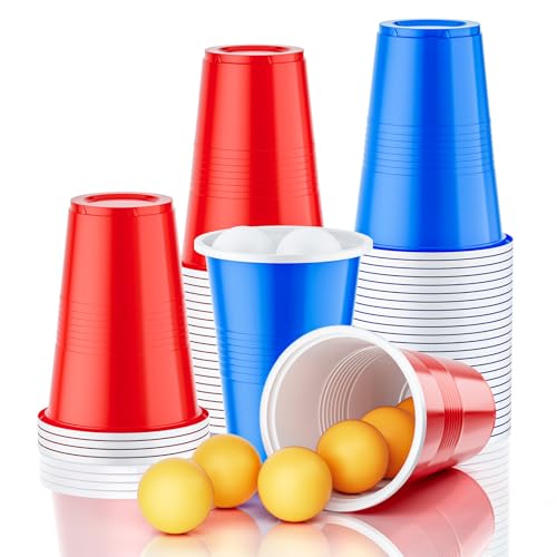 Urtioty Bierpong Becher Set, Beer Pong Becher Enthält 50 Becher und 12 Tischtennisbälle, 500ML Beerpongbecher Partybecher für Party Trinkspiele Weihnachten Camping Geburtstag Hochzeit von Urtioty