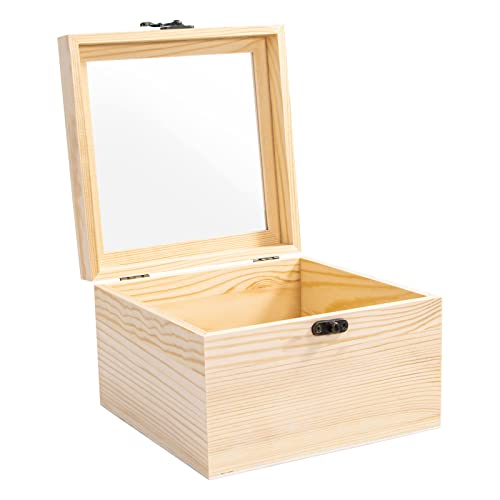 Useekoo Unlackierte Holzbox mit Glasdeckel, 20 x 20 x 12 cm, kleine Aufbewahrungsbox aus Holz, für Sammlerstücke, Schmuck, Geschenk und Heimdekorationen von Useekoo