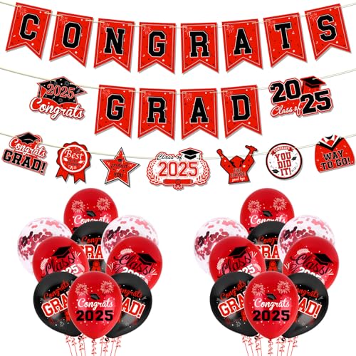 Ushinemi Abschlussdekorationen Klasse 2025, Rot Graduation Dekorationen Set Congrats Grad Klasse von 2025 Banner, Luftballons und Schilder, Congrats Party Supplies Ushinemi Abschlussdekorationen Klasse 2025, Rot Graduation Dekorationen Set Congrats Grad Klasse von 2025 Banner, Luftballons und Schilder, Congrats Party Supplies von Ushinemi
