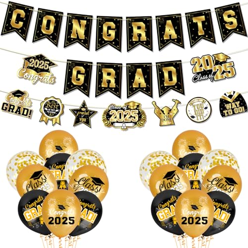 Ushinemi Abschlussdekorationen Klasse 2025, Schwarz und Gold Abschlussdekorationen Set Congrats Grad Klasse von 2025 Banner, Luftballons und Schilder, Congrats Party Supplies Ushinemi Abschlussdekorationen Klasse 2025, Schwarz und Gold Abschlussdekorationen Set Congrats Grad Klasse von 2025 Banner, Luftballons und Schilder, Congrats Party Supplies von Ushinemi