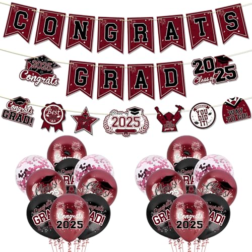 Ushinemi Abschlussdekorationen Klasse von 2025, Kastanienbraun Abschlussdekorationen Set Congrats Grad Klasse von 2025 Banner, Luftballons und Schilder, Congrats Party Supplies von Ushinemi
