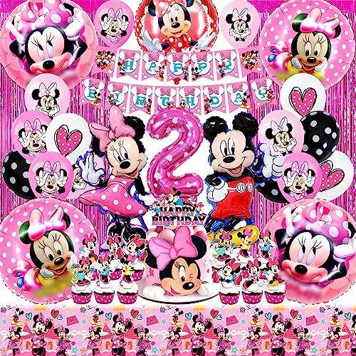 Minni Mouse Geburtstagsdeko 2 Jahre Mädchen Rosa, Minni Folienballons, Minni Luftballons für Birthday Party Supplies Dekoration Mit Mouse Tortendeko,Minni Happy Birthday Banner für Minni Themenparty von Usizaxol