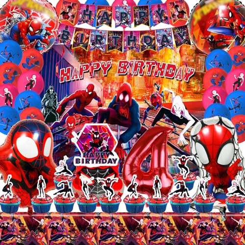 Spiderma Geburtstagsdeko Jungen Set, 3D Spiderma Luftballon Kindergeburtstag 4 Jahre Mit riesigen 3D-Spiderma-Heldenballons, Cartoon-Hintergrundstoff, Spider Figuren Folienballon und Zahlenballons von Usizaxol