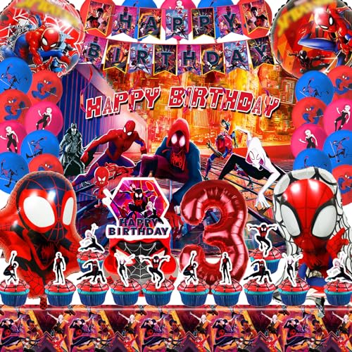 Spiderma Kindergeburtstag Deko 3 Jahre, Spiderma Geburtstagsdeko Jungen Set, Spider Luftballon 3. Geburtstag Deko Mit riesigen 3D-Spiderma-Heldenballons, Cartoon-Hintergrundstoff und Zahlenballons von Usizaxol