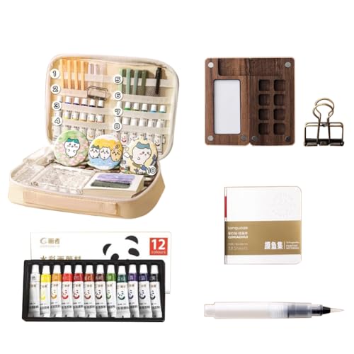 Tragbare Gouache Farben Set, Mini Aquarell Paletten Set Holz Reise, Mini Palette Watercolor Reise Set Acrylmalerei Kommen Mit Aquarellpapier Journal, Aquarellpinsel Stifte Und EIN Clip (A) von Usper