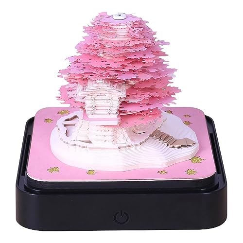 UssPo Time Piece-Kalender, 3D-Kunstkalender, 2024 Kalender-Notizblock Mit LED-Lichtern, Kreativer Tischkalender, DIY-Notizen, Notizblock, Papierschnitzen, Geschenk, Hausskulptur, Geschenk,Pink Tree von UssPo