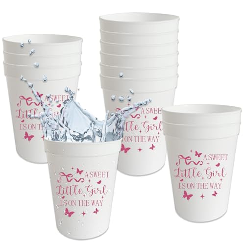Usumz Kunststoffbecher mit Aufschrift "A Sweet Little Girl Is on the Way", 473 ml, für Babyparty, Dekoration, süßes Baby, Mädchen, Willkommensfeier, Babyparty, Dekoration, Weiß, Rosa, 12 Stück von Usumz