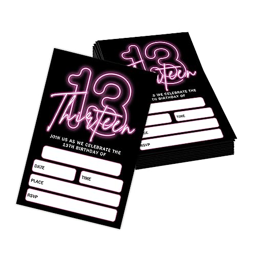 Utaqer Einladungskarten zum 13. Geburtstag, 10.2x15.2 cm, mit Umschlägen, Set von 20 Stück, Pink,Neon, Partyzubehör für Jungen, Kinder oder Jugendliche, Happy Birthday Celebration Einladung-b005 von Utaqer