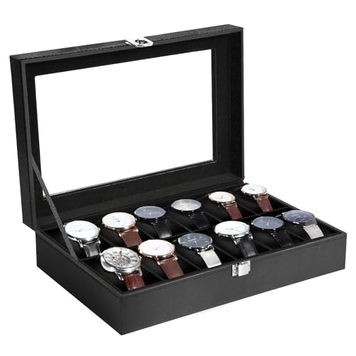 Uten Uhrenkasten für 12 Uhren, Uhrenbox Herren, Uhren Aufbewahrungsbox mit Glasdeckel, Schwarzes Innenfutter, Abnehmbares Polster, Metallschnalle, Schmuckschatulle für Herren und Damenuhren Uten Uhrenkasten für 12 Uhren, Uhrenbox Herren, Uhren Aufbewahrungsbox mit Glasdeckel, Schwarzes Innenfutter, Abnehmbares Polster, Metallschnalle, Schmuckschatulle für Herren und Damenuhren von Uten