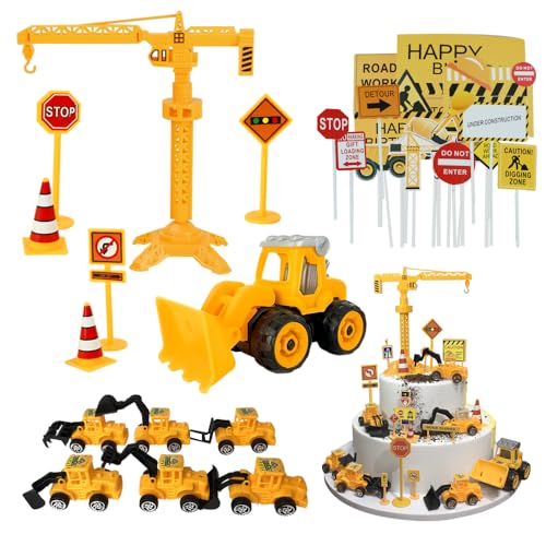 UtenTol 49 Stück Bagger Geburtstag deko Bagger Tortendeko mit Baufahrzeug Tortendeko Bagger Kuchen deko Geburtstag Bagger tortendeko Verkehrsschilder Torte Kuchen Deko Cake Topper (Bulldozers-WJJ) von UtenTol