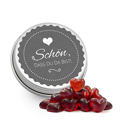 DeinBonbon 20x Gastgeschenk Mini Dose DIY Süßigkeiten und Stickerbogen | Hochzeit, Geburtstag, Taufe & Kommunion (Anthrazit, Fruchtgummi Herzen) von DeinBonbon