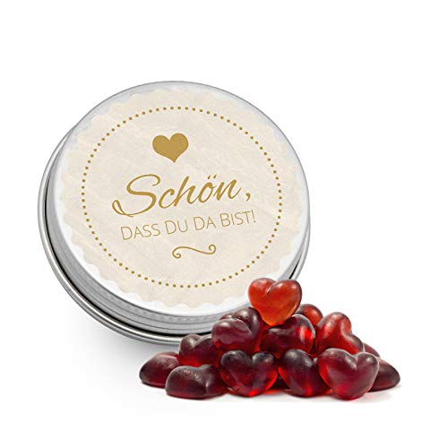 DeinBonbon 20x Gastgeschenk Mini Dose DIY Süßigkeiten und Stickerbogen | Hochzeit, Geburtstag, Taufe & Kommunion (Creme, Fruchtgummi Herzen) von DeinBonbon