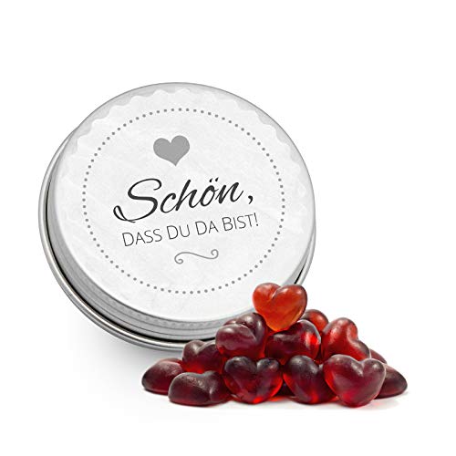 DeinBonbon 20x Gastgeschenk Mini Dose DIY Süßigkeiten und Stickerbogen | Hochzeit, Geburtstag, Taufe & Kommunion (Weiss, Fruchtgummi Herzen) von DeinBonbon